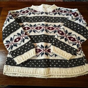 Wool Sweater Crewneck Large Ecuador Chunky Cable Knit Cream Earth Traders